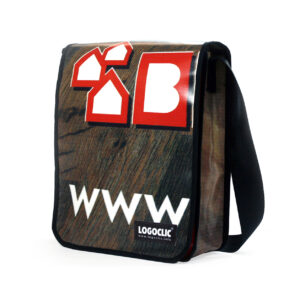 Upcycling promotional bag with large surface area and shoulder strap
